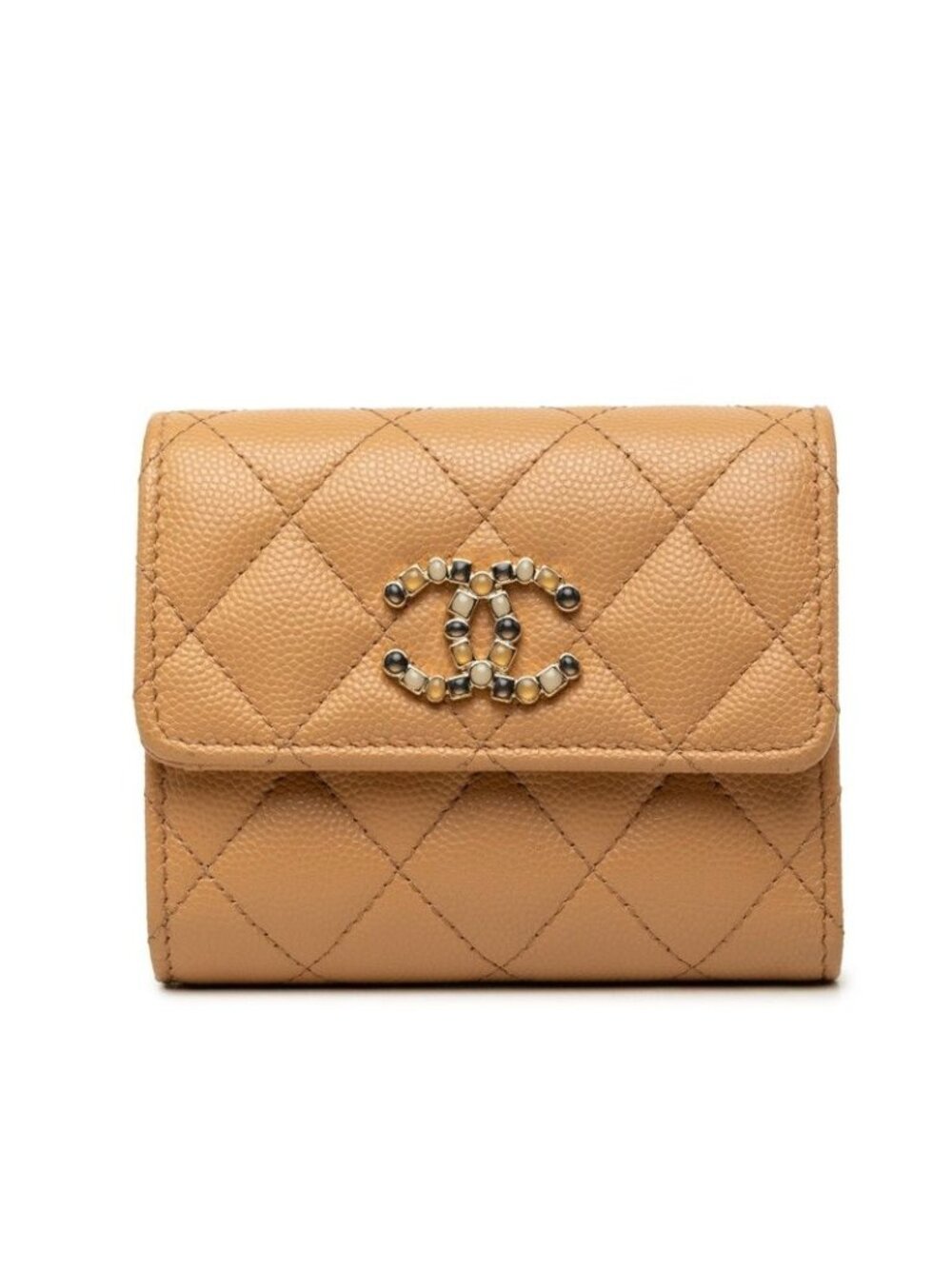 Chanel CC Logo Compact Wallet Trifold Beige Brown Canvas